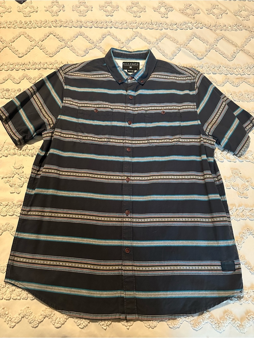 Billabong Short-Sleeve Button-Up Shirt in Black and Teal Stripes